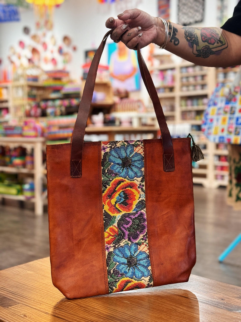 Leather Embroidered Centered Tote