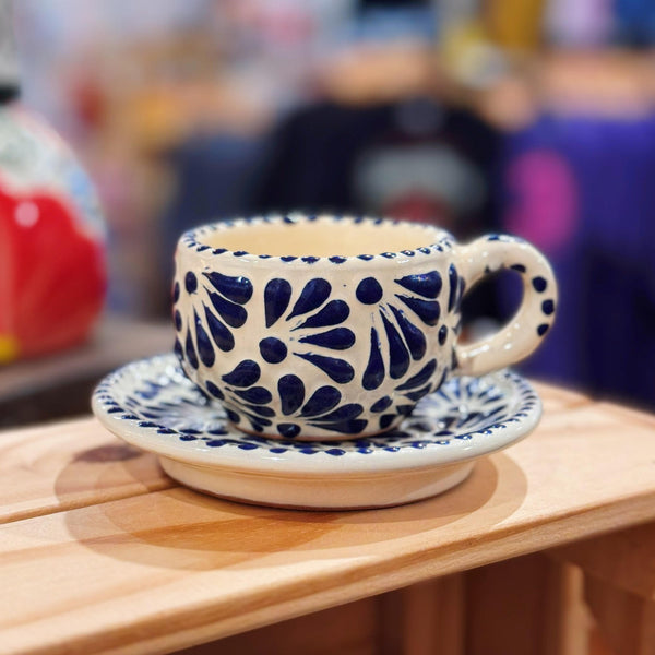 White/Navy Bluet Espresso Talavera Mug w/Saucer