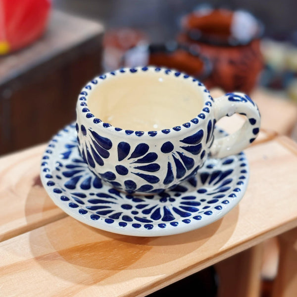 White/Navy Bluet Espresso Talavera Mug w/Saucer