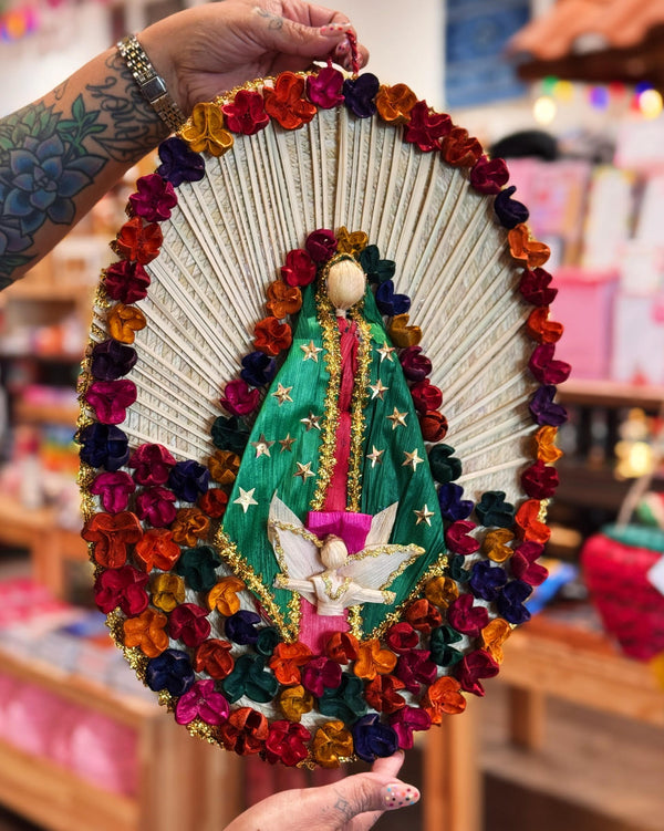 Natural Woven Corn Husk Virgen de Guadalupe