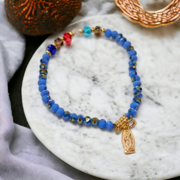 Virgen de Guadalupe Blue Beaded Bracelet Pull