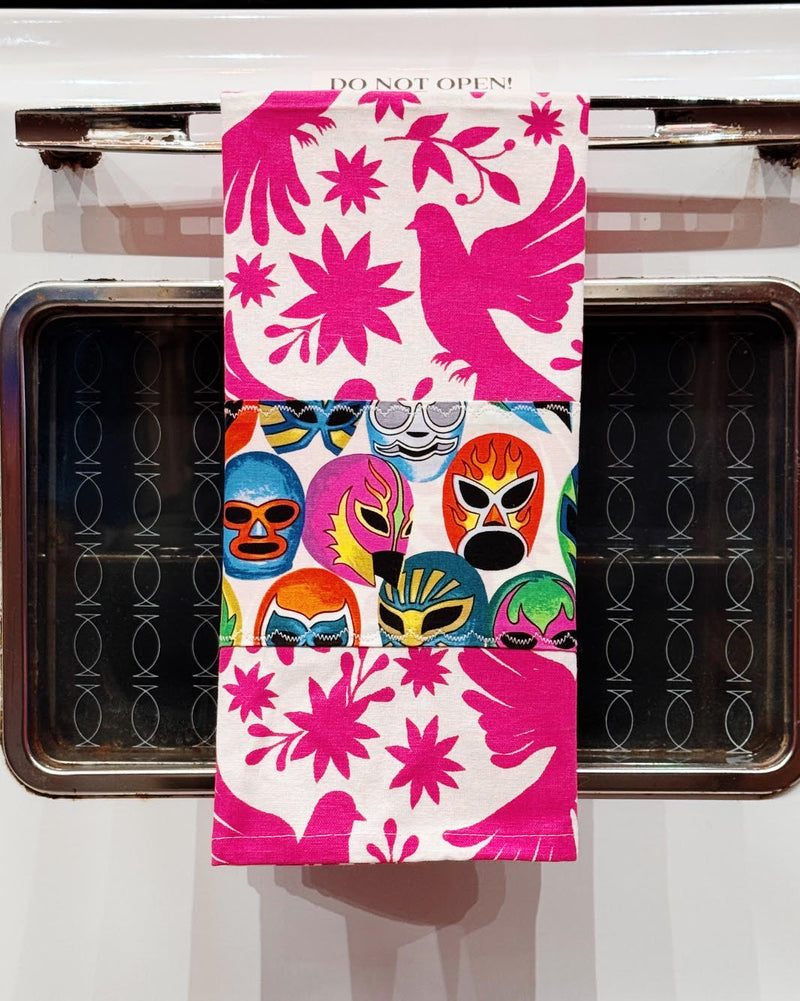 Sew Bonita Otomi Pink Luchador Appliqué Kitchen Towel