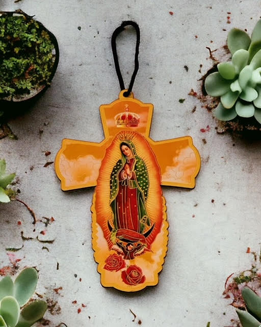 virgen de guadalupe wood cross hanging pendant from sew bonita in corpus christi, texas