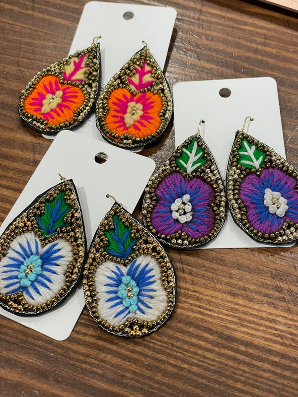 Embroidered Flower Teardrop Earrings